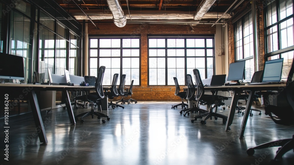 Spacious and Airy Modern Office Workspace in Industrial Loft Style Spacious and Airy Modern Office Workspace in Industrial Loft Style