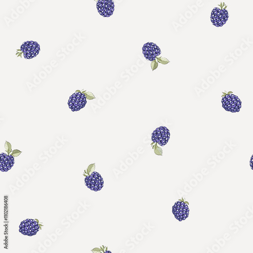 Vector illustration. Seamless pattern of small blackberry berries on a light beige background. Ditsy purple blackberry pattern, blackberry harvest, children's print, design fabric, textile, wallpaper