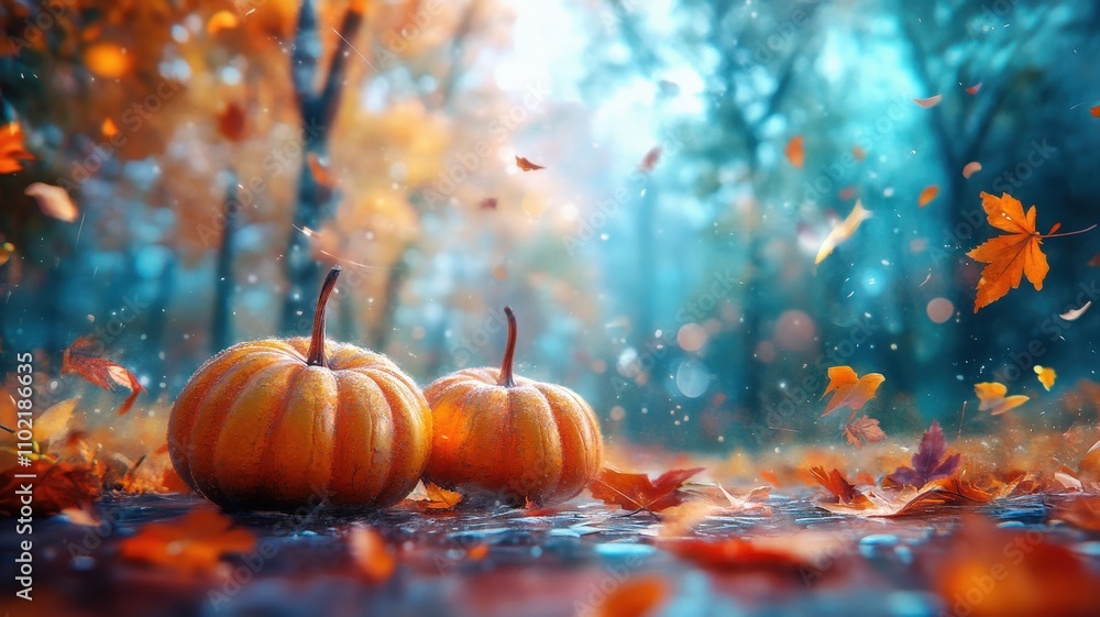 Harvesting autumn's vibrant colors pumpkins amidst falling leaves in a serene forest landscape Harvesting autumn's vibrant colors pumpkins amidst falling leaves in a serene forest landscape