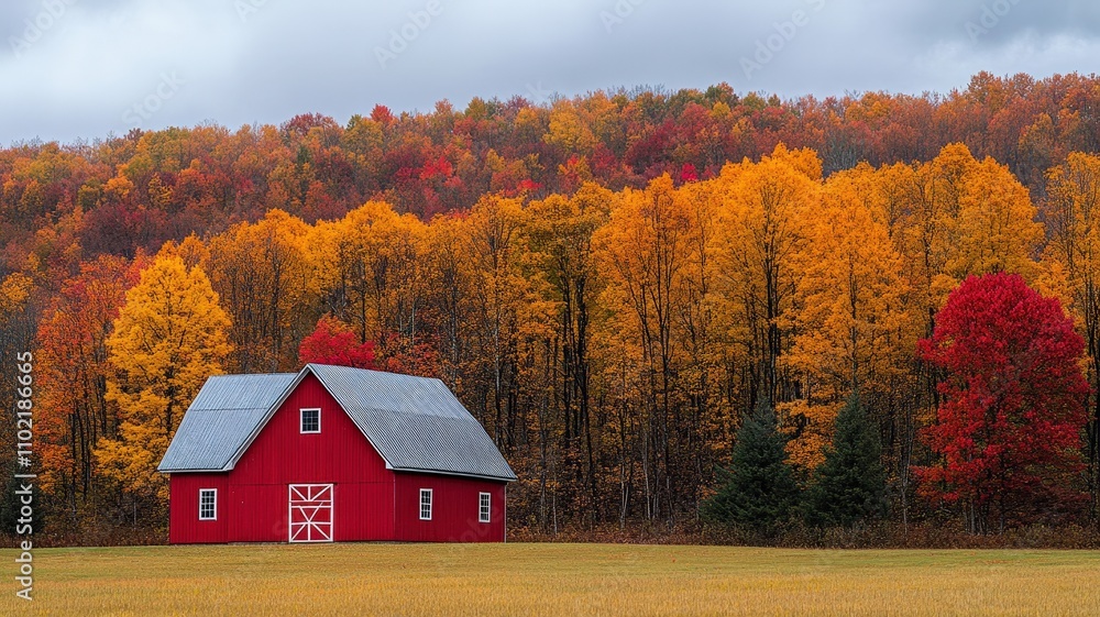 Autumn landscape vibrant red barn surrounded by colorful trees rural setting nature photography scenic viewpoint Autumn landscape vibrant red barn surrounded by colorful trees rural setting nature photography scenic viewpoint