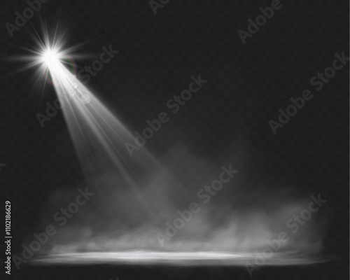 Spotlights with smoky background, dramatic stage lighting effect in dark atmosphere.