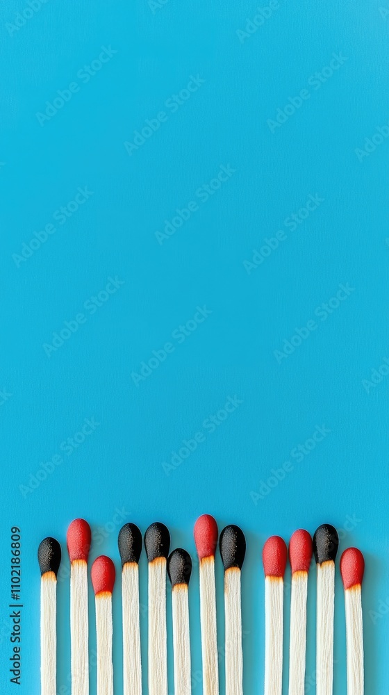 Matches on blue background symbolize the balance between burnout and vitality in a modern work environment Matches on blue background symbolize the balance between burnout and vitality in a modern work environment