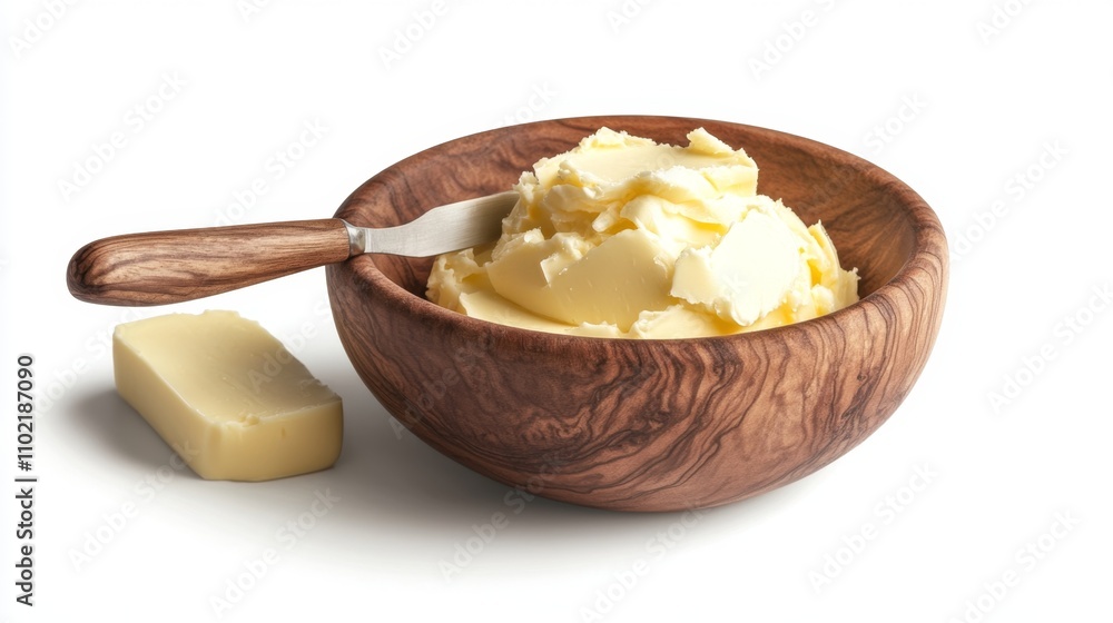 Creamy Butter in Wooden Bowl with Knife on White Background Creamy Butter in Wooden Bowl with Knife on White Background