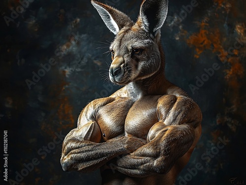 Muscular Kangaroo Hybrid Bodybuilder Flexing Powerful Physique in Surreal Digital Artwork photo