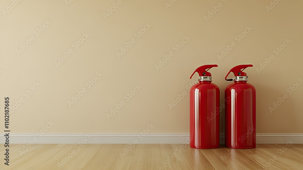 Award-winning stock photograph showcasing vibrant red fire extinguishers against a neutral beige wall in an inviting indoor space Award-winning stock photograph showcasing vibrant red fire extinguishers against a neutral beige wall in an inviting indoor space