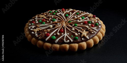 Weihnachtliche Torte mit grünem Fondant und roten Zuckerdekoren, detaillierte Muster auf dunklem Hintergrund photo