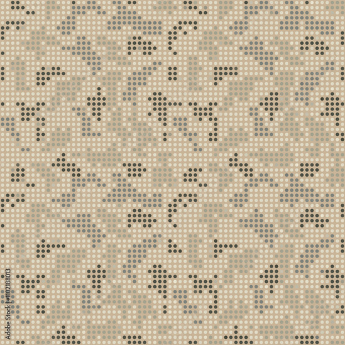 Vector digital camouflage. Brown sand halftone dots design style for clothing print. Seamless camo pattern. Military desert texture in dots shape.