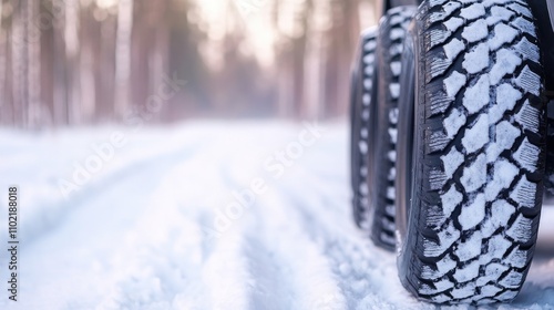 Winter tires ready for action on snow-covered road in tranquil forest setting photo