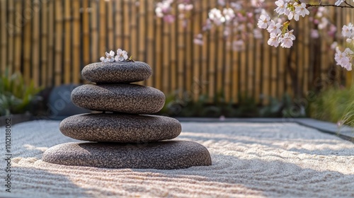 Serene Zen Garden with Balanced Stones and Cherry Blossoms