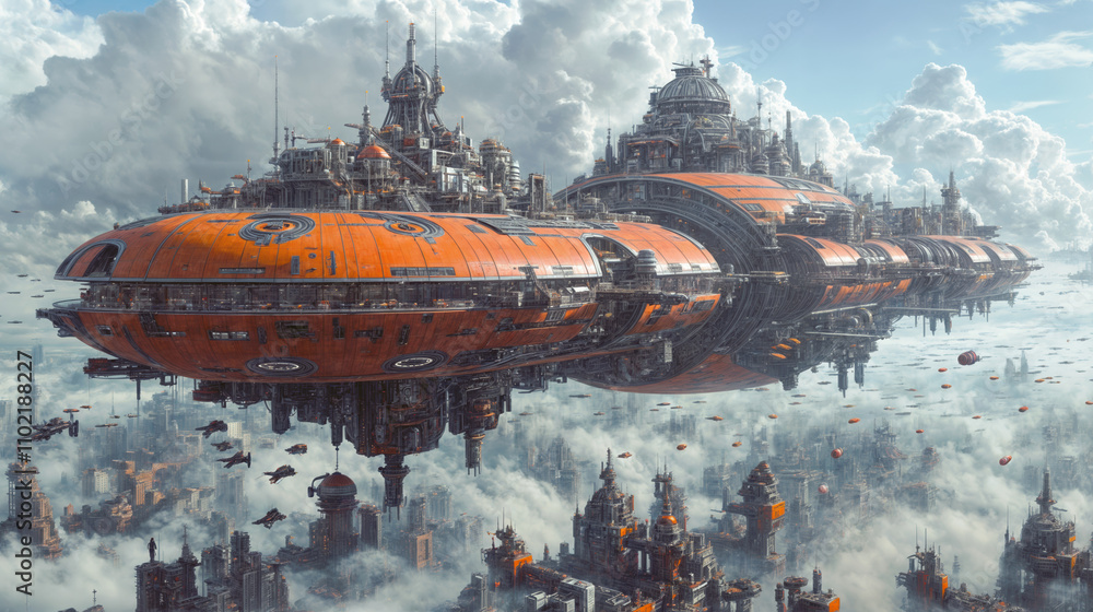 Obraz premium Massive Orange Futuristic Airships Floating Above Foggy Cyberpunk Cityscape, Science Fiction Digital Art with Industrial Architecture and Cloudy Sky