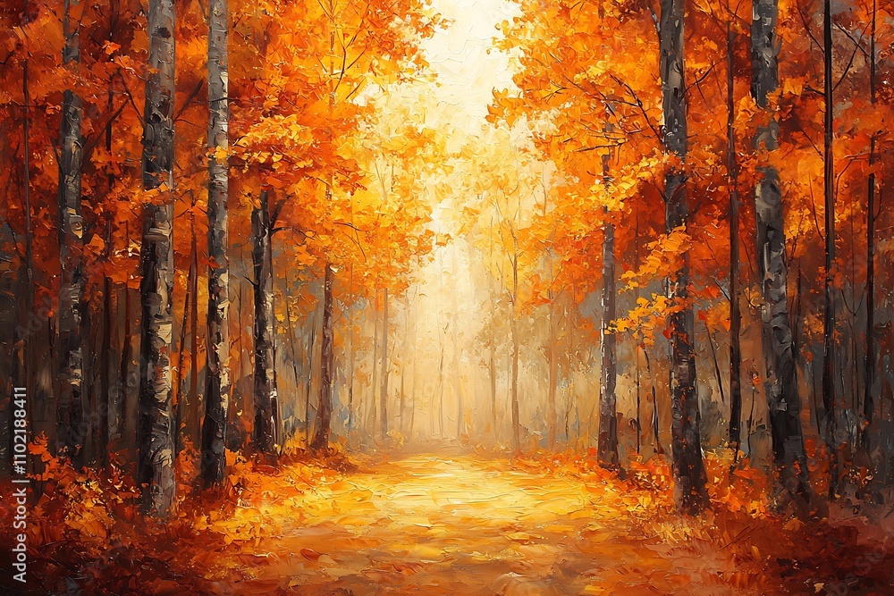 Fototapeta premium Breathtaking Autumnal Landscape with Vibrant Foliage along a Winding Forest Path