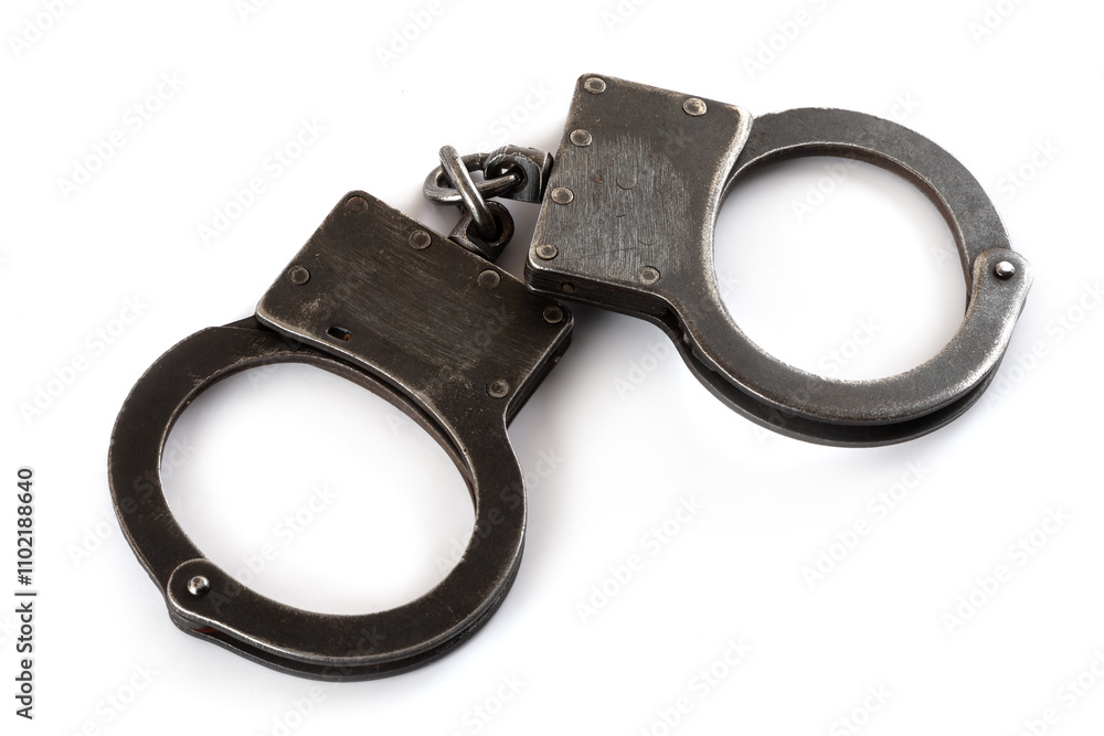 Steel handcuffs on a white background Steel handcuffs on a white background