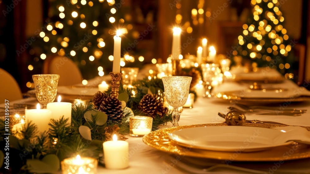 Elegant christmas dinner table with candlelight and festive decorations. Elegant christmas dinner table with candlelight and festive decorations.