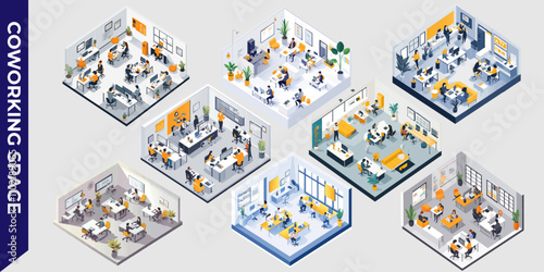 Isometric illustration of a modern coworking space with desks, computers, and people collaborating in a bright