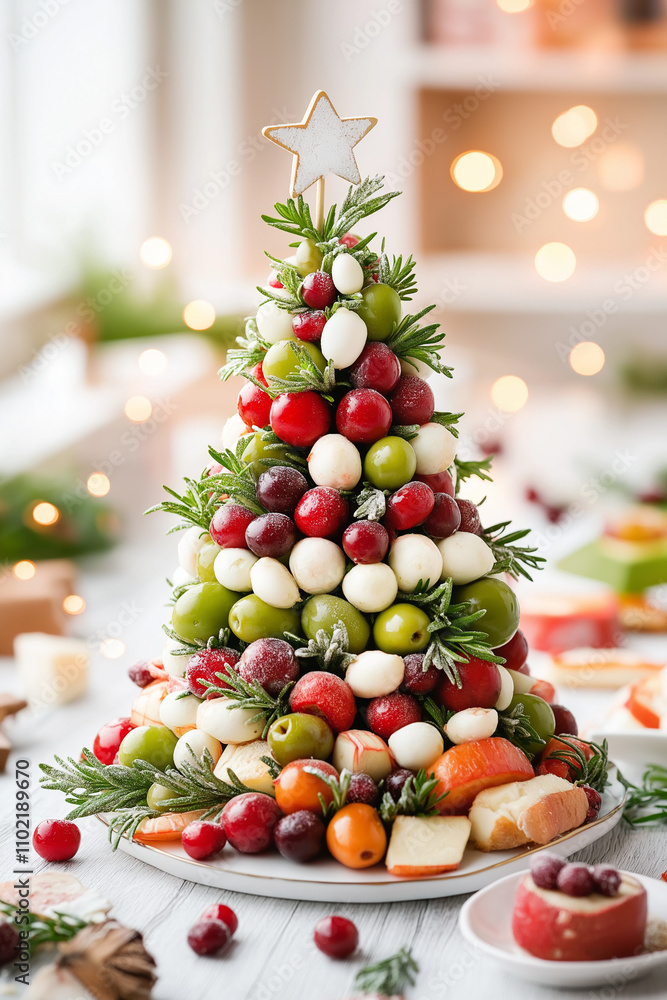 A Christmas tree made of fruit and cheese A Christmas tree made of fruit and cheese
