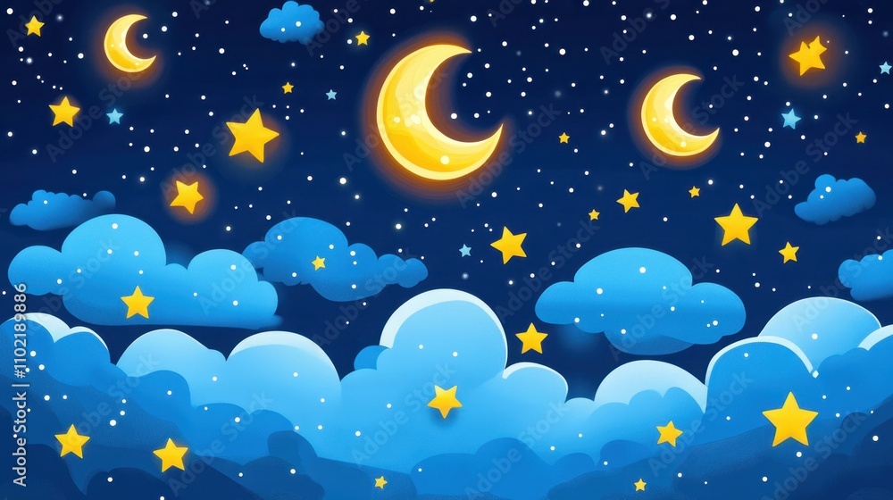 Magical Night Sky with Crescent Moons and Twinkling Stars Magical Night Sky with Crescent Moons and Twinkling Stars