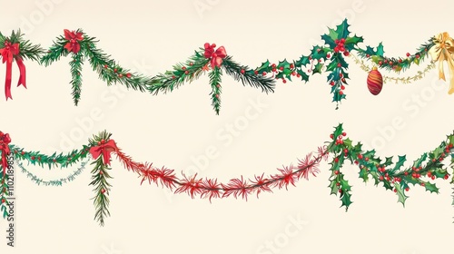 A seamless pattern of Christmas garlands, showcasing various styles and colors, perfect for holiday-themed designs.