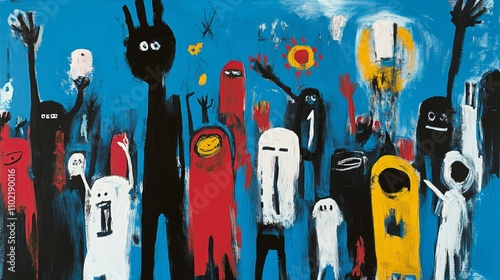 Fototapeta Naklejka Na Ścianę i Meble -  people standing together, punk unique graffiti oil painting artful illustration with grungy texture