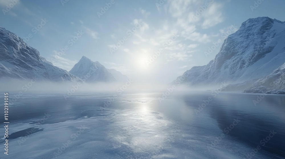 A Frozen Lake Surrounded by Snow-Capped Mountains Under a Cloudy Sky A Frozen Lake Surrounded by Snow-Capped Mountains Under a Cloudy Sky