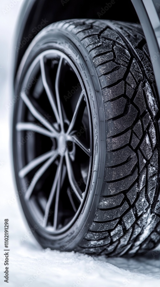 High-quality winter tire on a snowy road with ample space for promotional text highlighting winter driving safety High-quality winter tire on a snowy road with ample space for promotional text highlighting winter driving safety