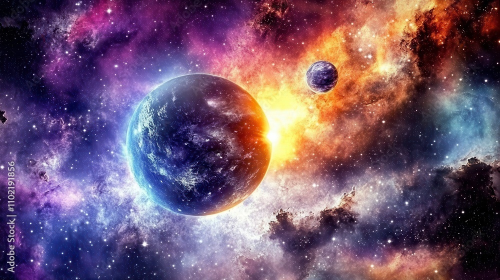 Naklejka premium Cosmic Scene with Asteroid and Nebula Background