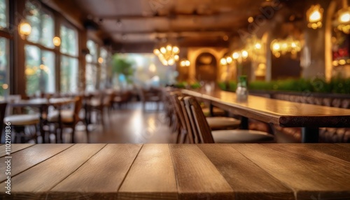 Wooden board empty table in front of blurred background Mockup restaurants, Kitchen