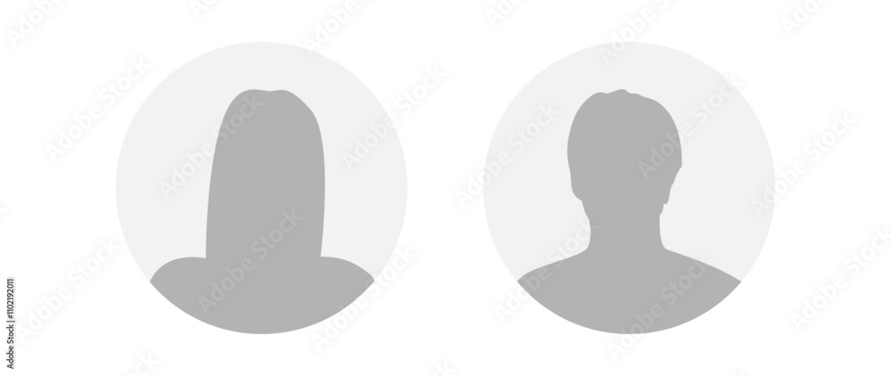 Vector flat illustration in grayscale. Icons of man and woman. Avatar, user profile, person icon, profile picture. Suitable for social media profiles, icons, screensavers and as a template.