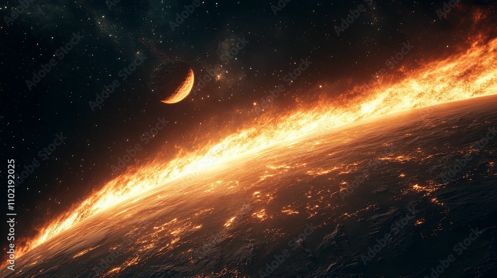 Fototapeta premium Fiery Planet Surface Burning Brightly In Space