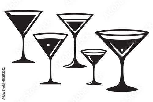 Martini glass silhouette set. Glass on a leg filled with a drink.