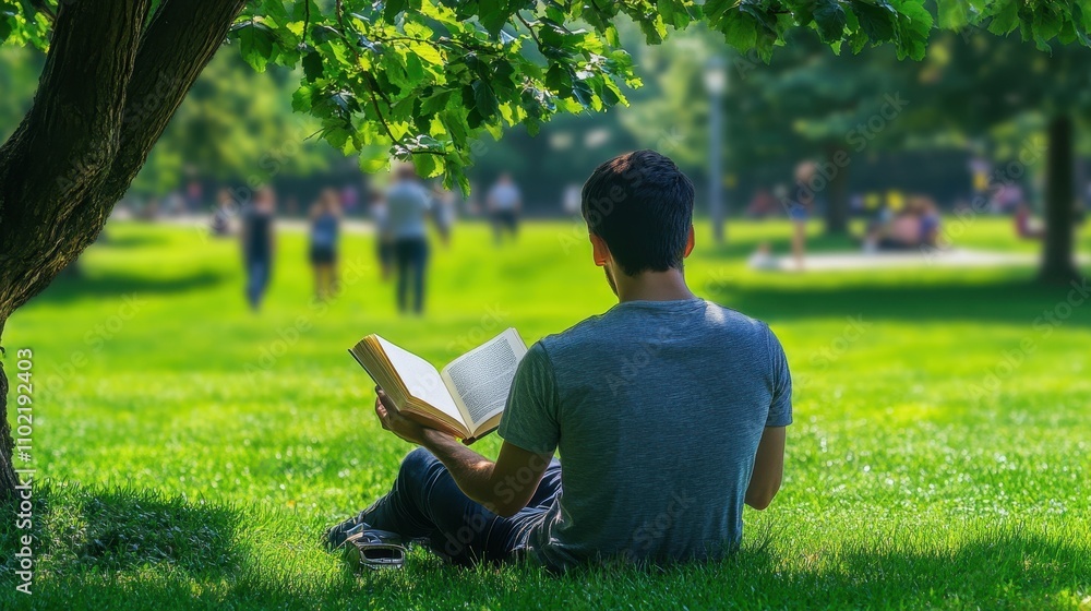 Serene Solitude: A Man Immersed in Reading Amidst Nature's Embrace Serene Solitude: A Man Immersed in Reading Amidst Nature's Embrace