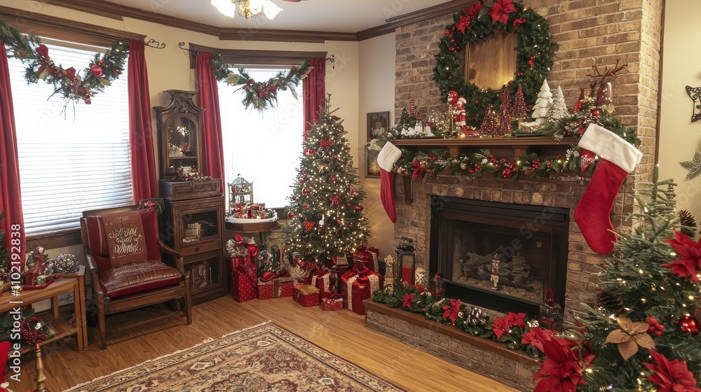 Fototapeta premium A festive corner display showcasing a Christmas garland alongside holiday decorations, creating a cozy scene.