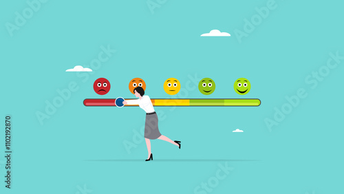 negative feedback, customer dissatisfaction, bad ratting or complaint from customer concept vector illustration, woman pushing rating bar to dissatisfaction level