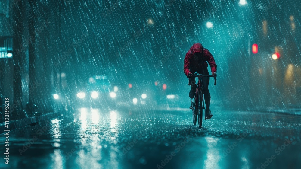Obraz premium Cyclist Navigating Rainy Urban Streets