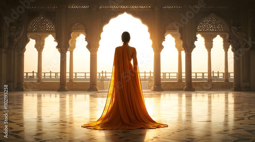 Mystical Beauty of an Indian Woman in a Flowing Yellow Attire in a Majestic Palace Corridor generative ai