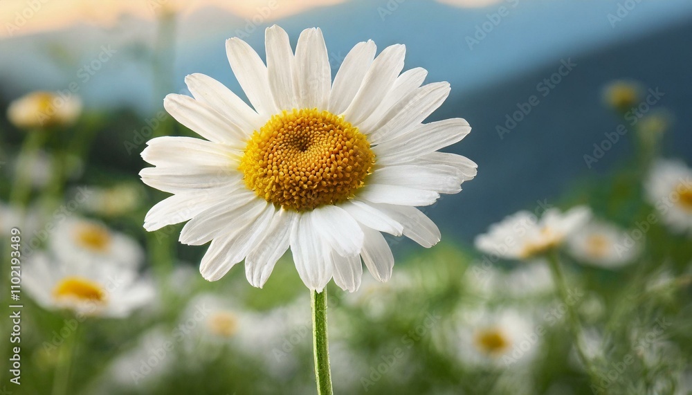 Fototapeta premium A close-up of a single white daisy with a yellow center, set against a blurred background of greenery and other daisies, under soft sunlight.