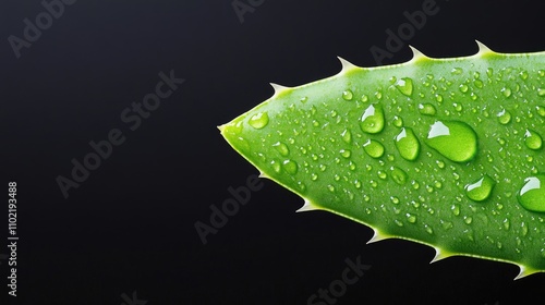 Close-up view of vibrant aloe vera leaf glistening with water drops against a seamless dark background
