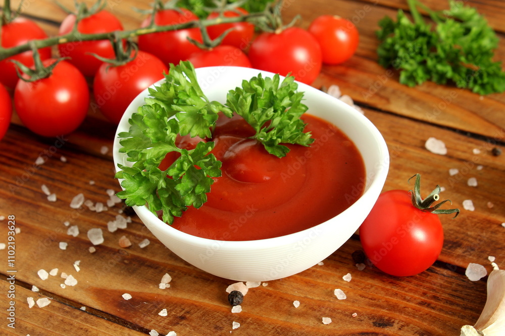 There is a bowl of tomato sauce on the wooden table. There is a bowl of tomato sauce on the wooden table.