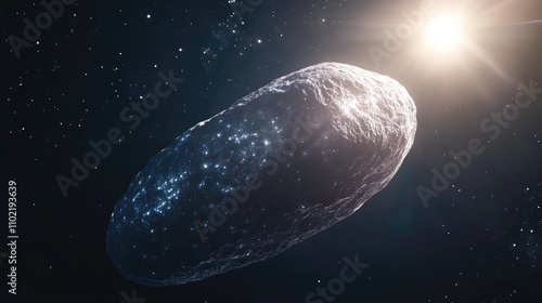 Haumea elongated shape spinning rapidly in space, with its icy surface reflecting distant starlight. photo