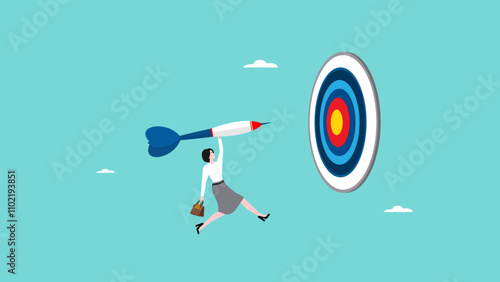 businesswoman throwing darts at a dart board concept vector illustration, business target or goal concept, business success illustration, tenacity in business strategy concept illustration