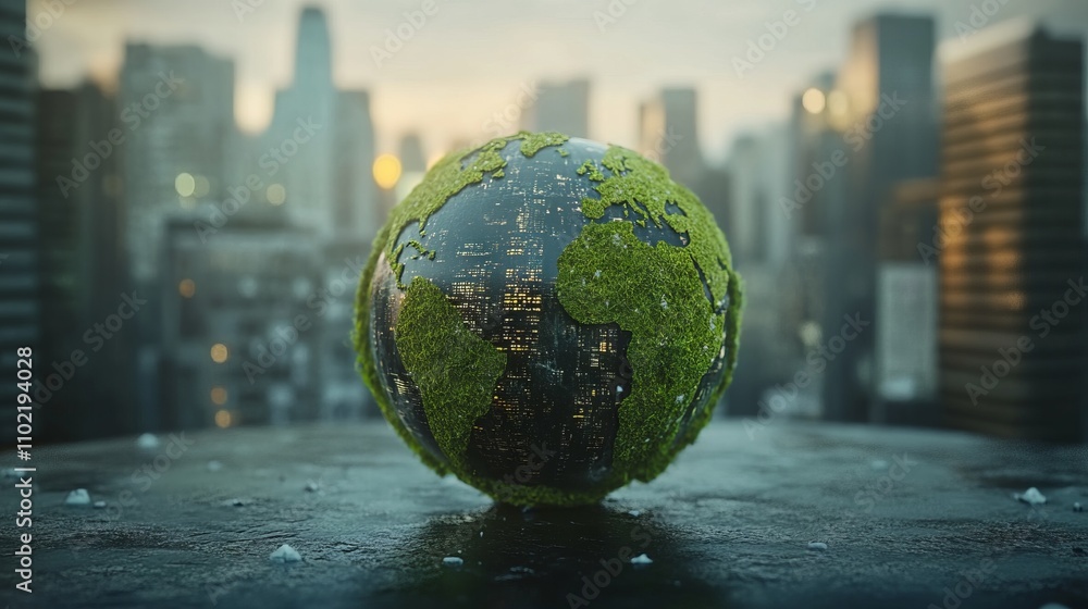 Green Planet Earth with Moss and Buildings - AI generated illustration Green Planet Earth with Moss and Buildings - AI generated illustration