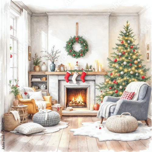 Watercolor Illustration of Christmas Themed Living Room