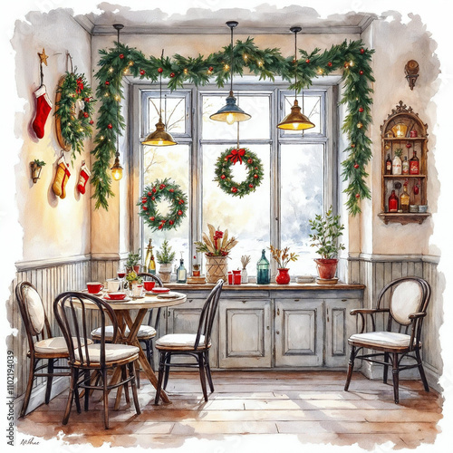 Watercolor Illustration of Christmas Themed Cozy Cafe with XMAS Tree