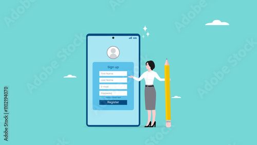 online registration illustration with the concept of businesswoman fills registration table while carrying big pencil, business register illustration, apply new job or membership, register new account