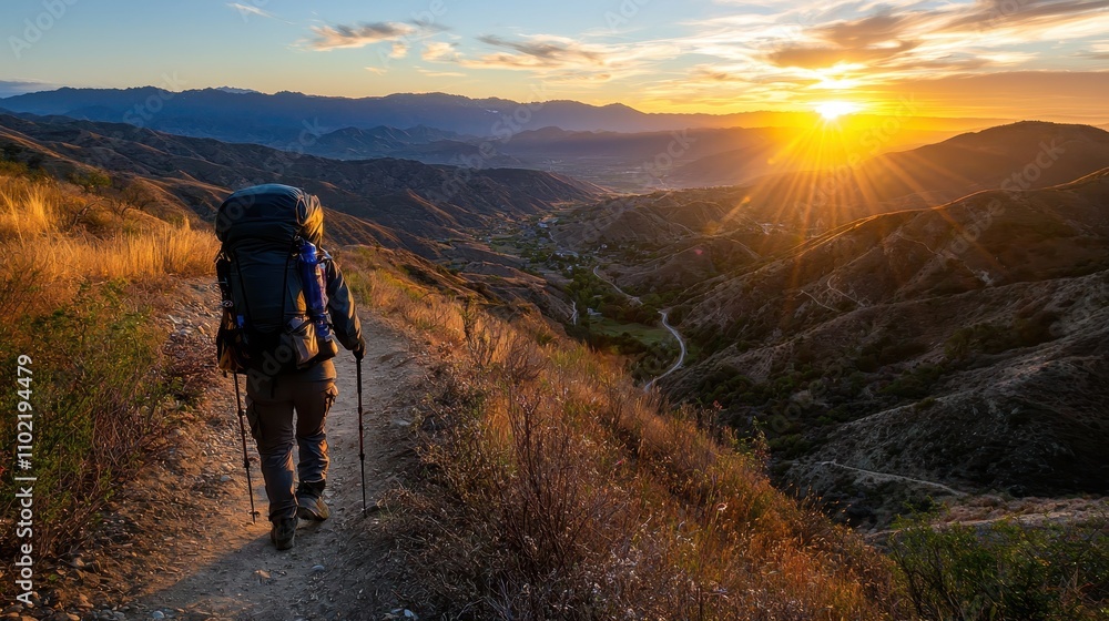 Hiker on Mountain Trail at Sunset with Scenic Landscape Views Hiker on Mountain Trail at Sunset with Scenic Landscape Views