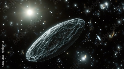 Haumea elongated shape spinning rapidly in space, with its icy surface reflecting distant starlight. photo