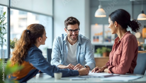 A diverse team of smiling businesspeople collaborate on a project in a modern office
