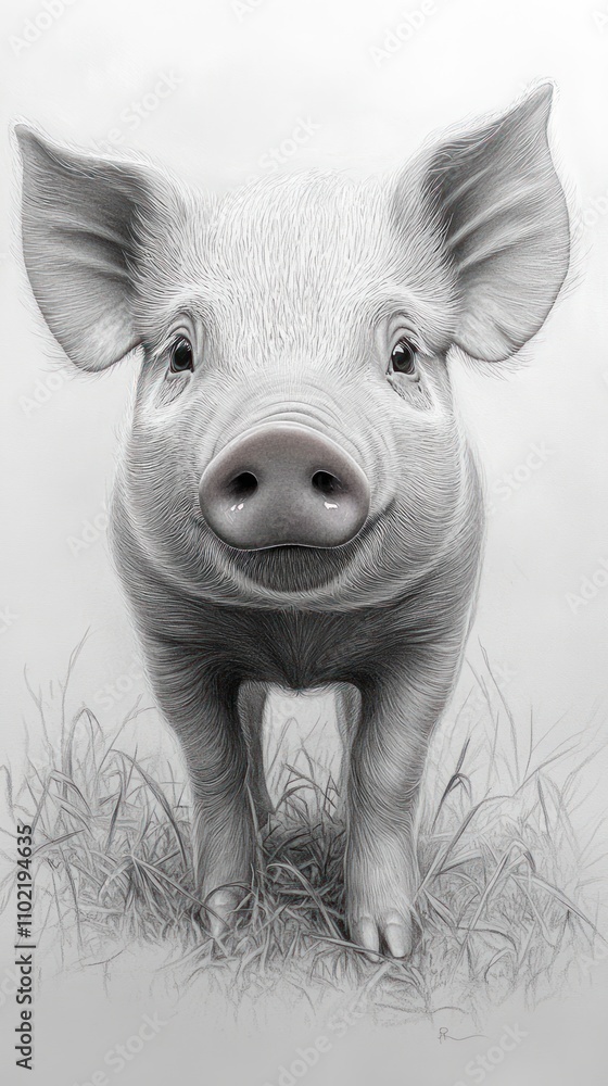 A Penciled Portrait Of A Young Piglet Standing In Grass A Penciled Portrait Of A Young Piglet Standing In Grass