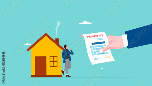 property tax, business tax in the property sector, real estate or property tax appraisal, businessman standing with his property receiving a piece of tax bill paper