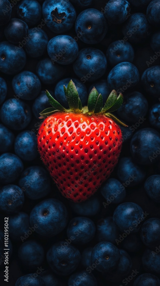 Close-up view of a vibrant strawberry surrounded by fresh blueberries showcasing nature's sweetness on a dramatic black backdrop Close-up view of a vibrant strawberry surrounded by fresh blueberries showcasing nature's sweetness on a dramatic black backdrop
