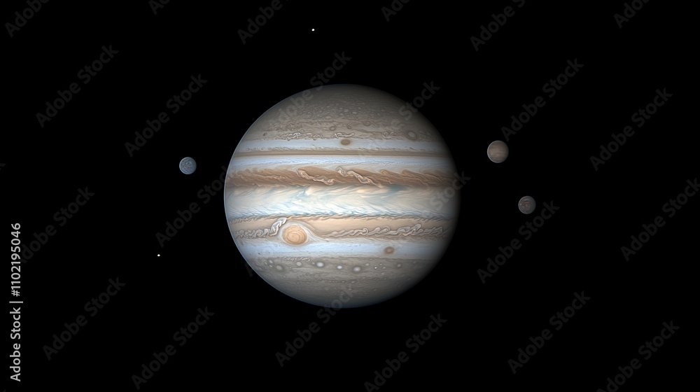 Jupiter in space, surrounded by its largest moons: Io, Europa, Ganymede, and Callisto. Jupiter in space, surrounded by its largest moons: Io, Europa, Ganymede, and Callisto.